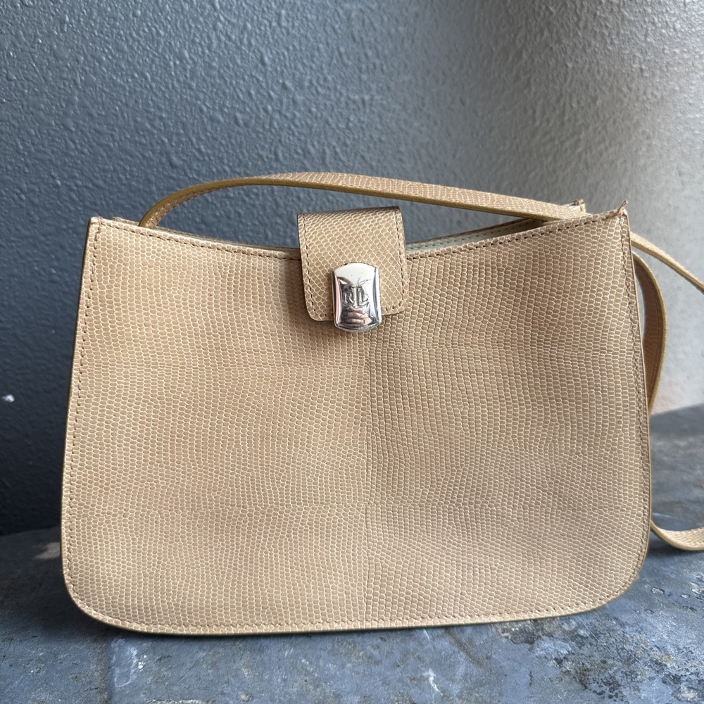 Lauren Ralph Lauren Snakeskin Shoulder Bag Tan Brown Leather Silver Hardware Vtg